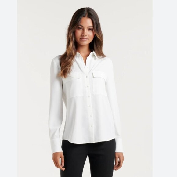 NWOT EVER NEW MELBOURNE LIVIA WHITE CREPE POCKETS BUTTON DOWN SHIRT IN PORCELAIN - Picture 1 of 10